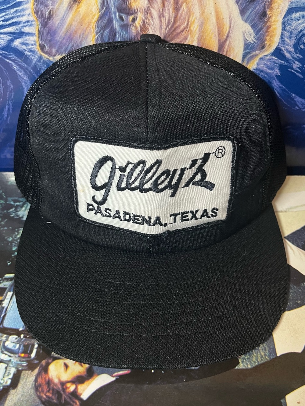 Vintage 80s Gilley’s Pasadena Texas trucker hat Black white patch, snapback cap